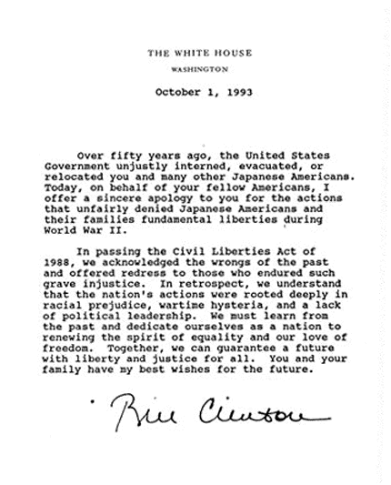 President Clinton's Letter of Apology to Japanese Americans